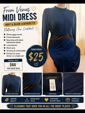 Venus Navy Blue Midi Dress with Black Leatherette Waist